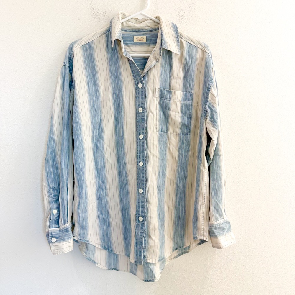 Faherty Linen Oversized Stripe Coastal Boho Button Down Shirt Blue White XS